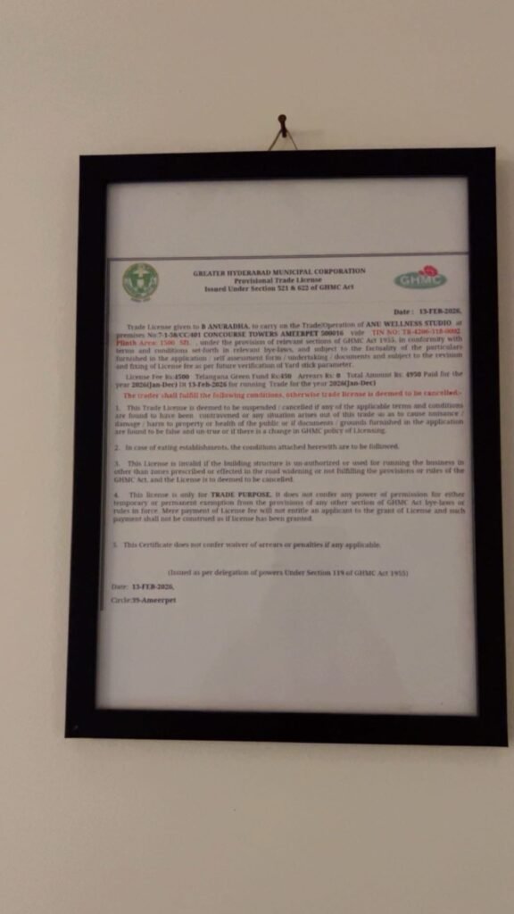 Framed GHMC Provisional Trade Licence dated 13 February 2026 for Anu Wellness Studio in Ameerpet