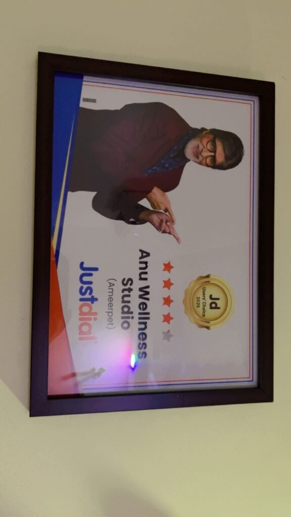 Framed Justdial Users’ Choice 2026 recognition for Anu Wellness Studio, Ameerpet